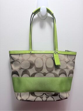 Y2K Coach Signature Stripe Tote Khaki Lime Green Trim 9.5x14